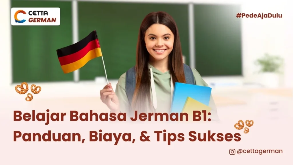 seorang wanita memegang bendera german ditangan kiri dan buku ditangan kanan|belajar-bahasa-jerman-b1